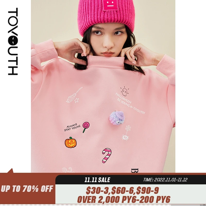 

Toyouth Women Sweatshirts Spring Autumn Brooch Loose Hoodies Pumpkin Letter Embroidery Print Cotton Lined Casual Chic Pullovers