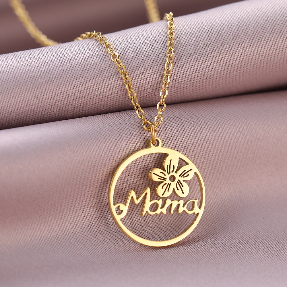 

Stainless Steel Necklaces Vintage Flower Mama Pendants Exquisite Choker Korean Fashion Necklace For Women Jewelry Mother Gifts