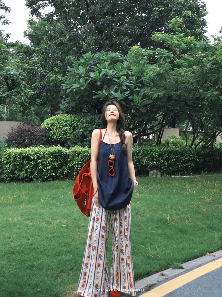 Женский джинсовый комплект Gyaru Свободный Топ на бретельках свободные брюки с