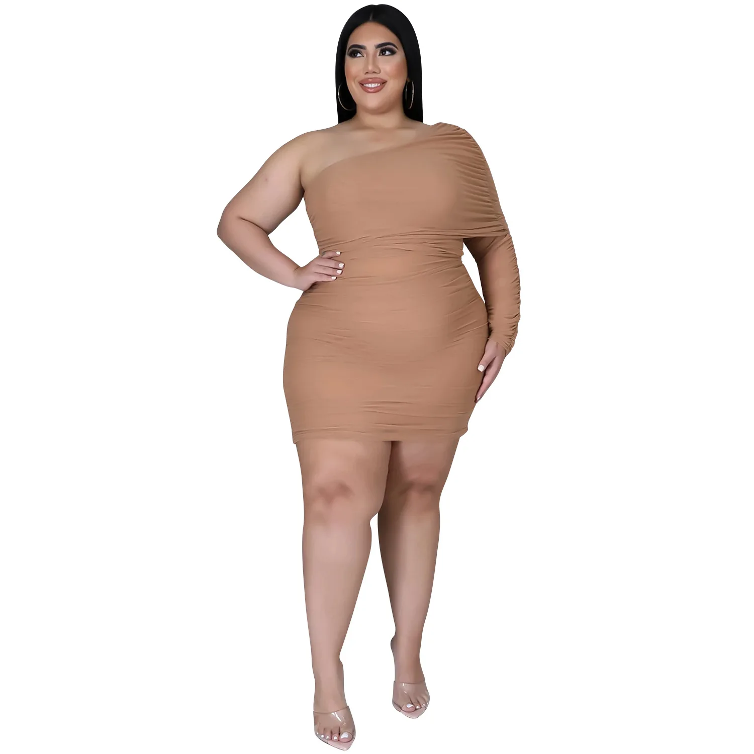Plus Size Dress Prom Dress Plus Size Solid Mini Dress Sexy Slim Fashion Solid Oblique Cape Mid Dress Dress Women Evening Dress