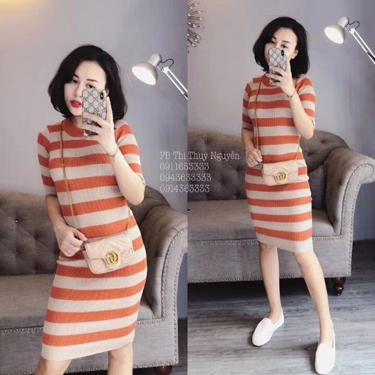 

Платье-Свитер женское трикотажное в полоску, с коротким рукавом