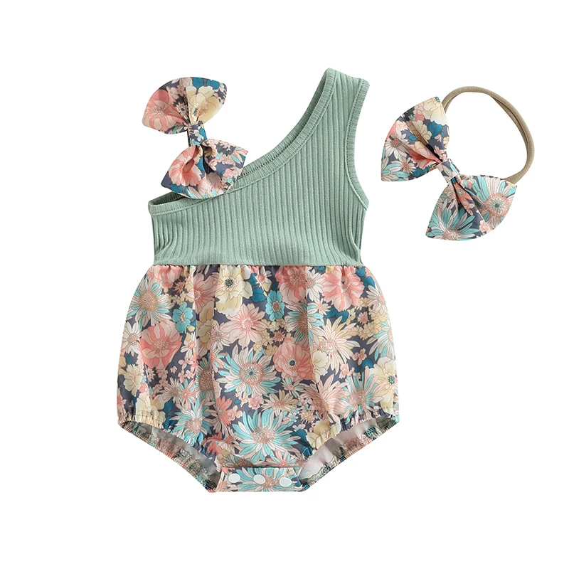 

Baby Girl Two Piece Outfits Summer Floral One Shoulder Romper and Stretch Headband Cute Clothes