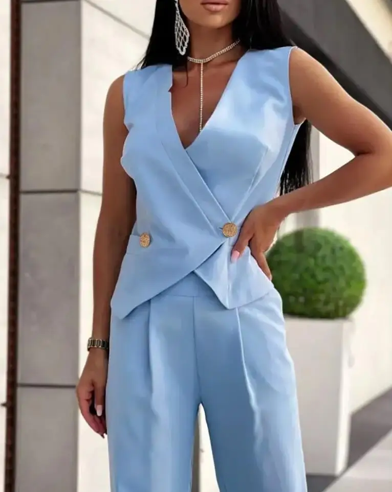 

Casual Temperament Sleeveless Top Trousers Suit Elegant Women's Suits Two Piece Double Breasted V-Neck Blazer Top Long Pants Set