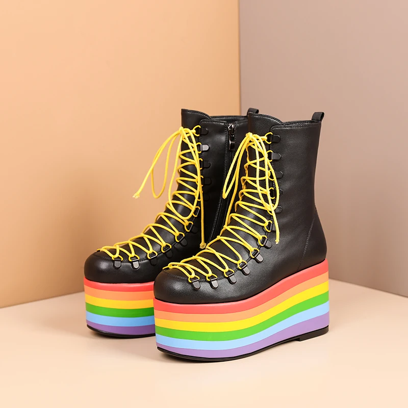 

Punk Style Rainbow Bottom Strap High-Top Motorcycle Boots Thick Sole Heightening Leather Knight Boots Large Size Women's Boots