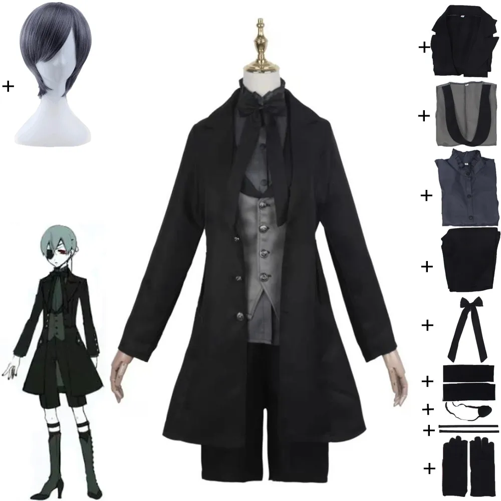 

Anime Black Butler Ciel Phantomhive Smile Cosplay Costume Adult Man Woman Top Coat Pants Wig Halloween Devil Gothic Style Suit