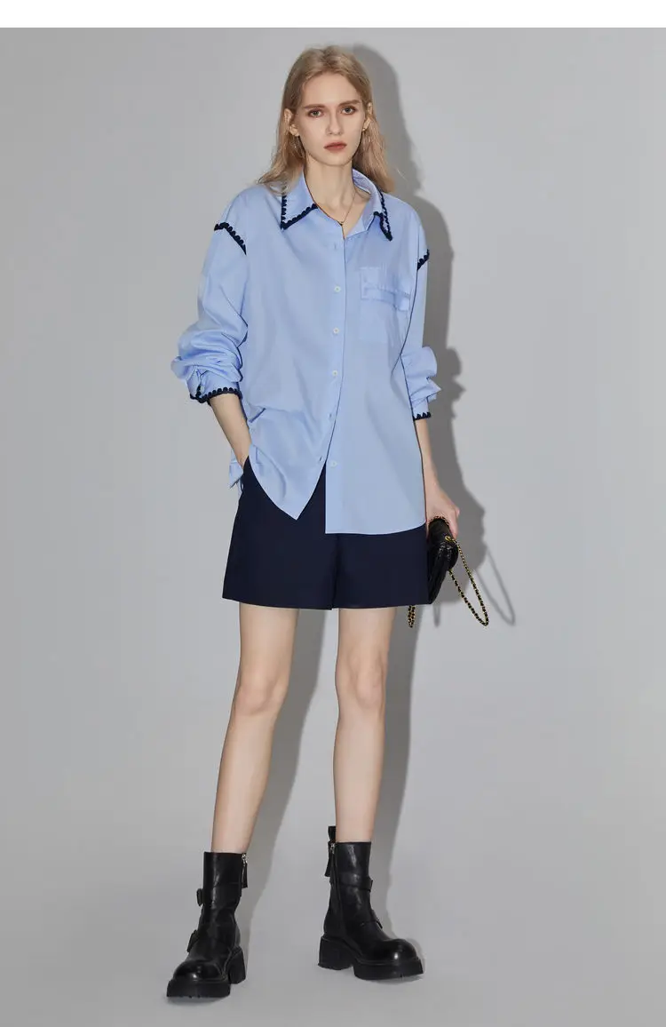 Художественная Удобная синяя рубашка с вышивкой в виде ракушки для женщин