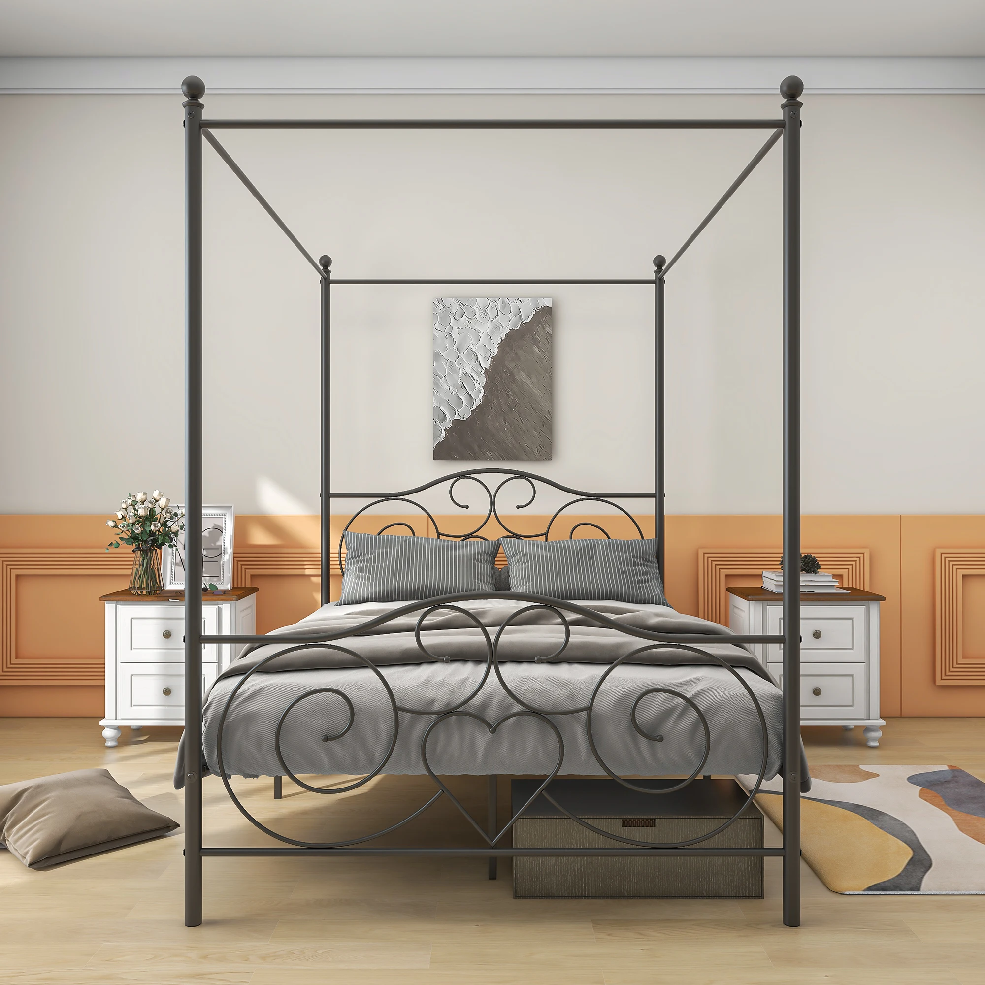 With Vintage Style Headboard & Footboard / Easy Diy Assembly/ All Parts Included, Full Black