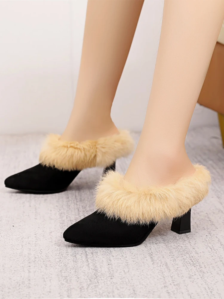 

Shoes Cover Toe Woman's Slippers Slides Heeled Mules Fur Flip Flops Loafers Flock Square heel Med Winter Footwear Fashion 2022 H