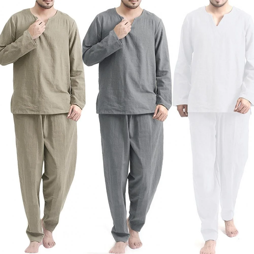 

2pcs/Set Pajama Sets Men Solid Color Long Slve Pullovers Top Elastic Waist Pant Pijamas Male Slpwear Nightwear pyjama homme