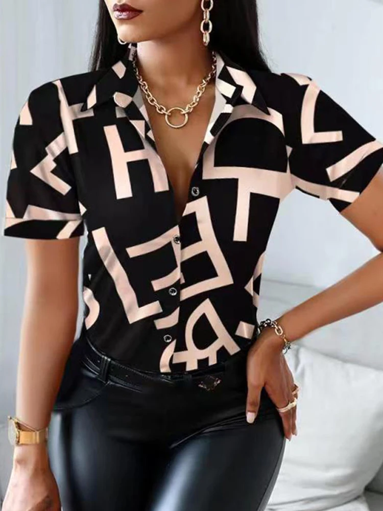 Женские блузки с коротким рукавом повседневные офисные рубашки принтом летняя