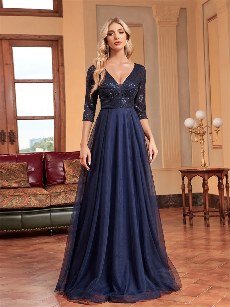 

Lucyinlove Luxury Short Sleeve Sequin Blue V-Neck Evening Dress Women Tulle Wedding Party Graduation Long Prom Cocktail Dress