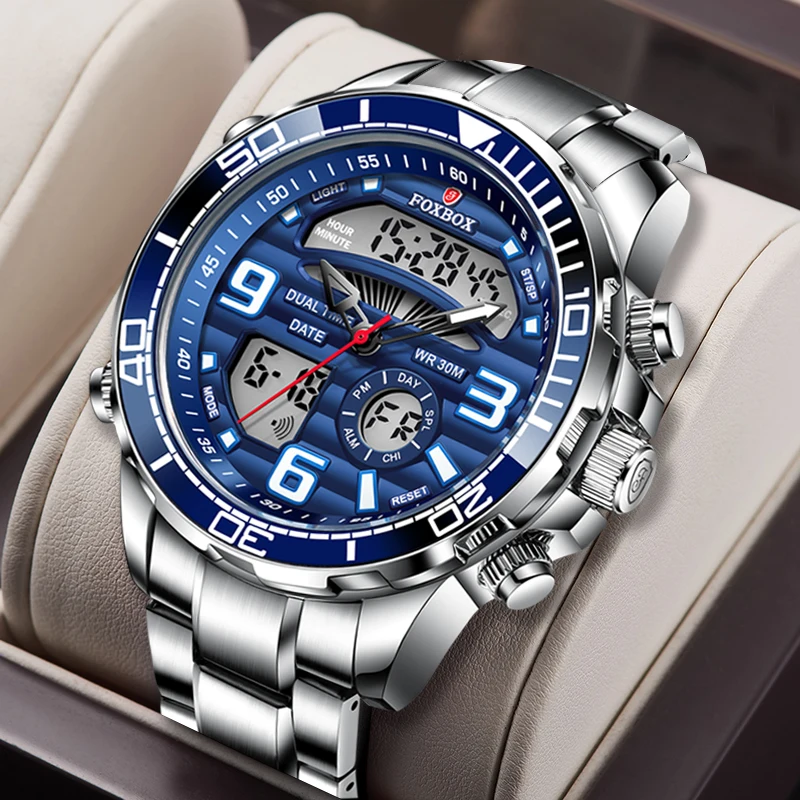 

LIGE FOXBOX Sport Mens Watches Top Brand Luxury Digital Dual Display Quartz Wrist Watch for Men Full Steel Relogios Masculino