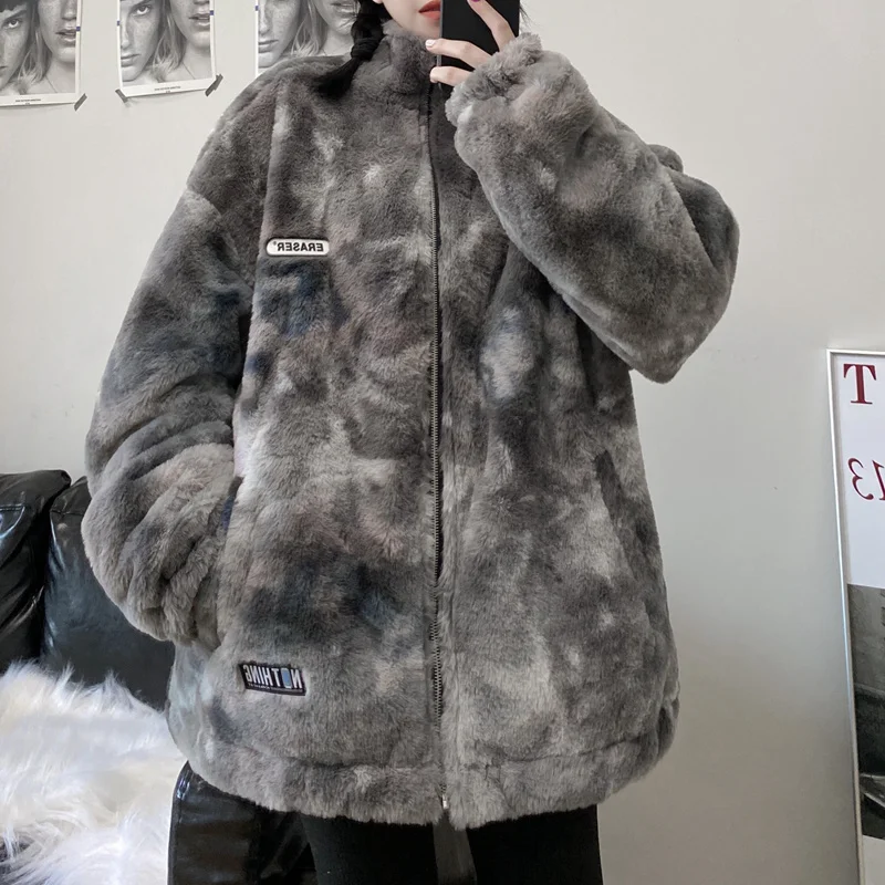 Cotton Padded Down Coat Women's 2021 Winter New Street Warm Fur Harajuku Tie Dyed Loose Thickened Jacket