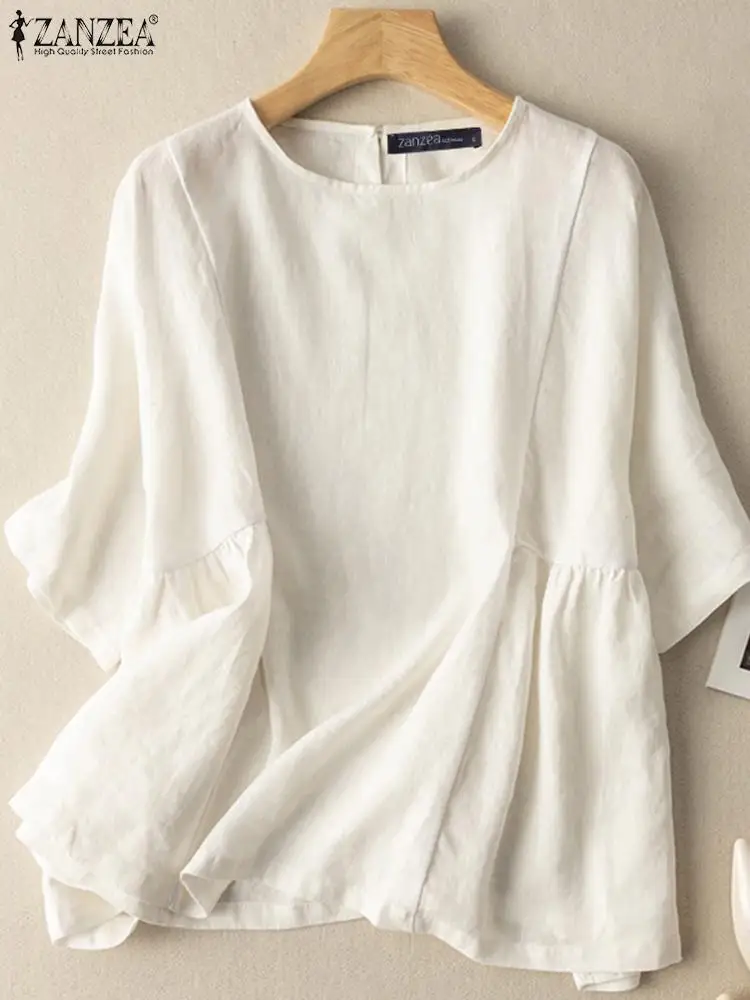 

ZANZEA Solid Color O-Neck 3/4 Sleeve Blusas Summer Elegant Women's Blouse Femme Fashion Causal Elegant Oversized Holiday Tops