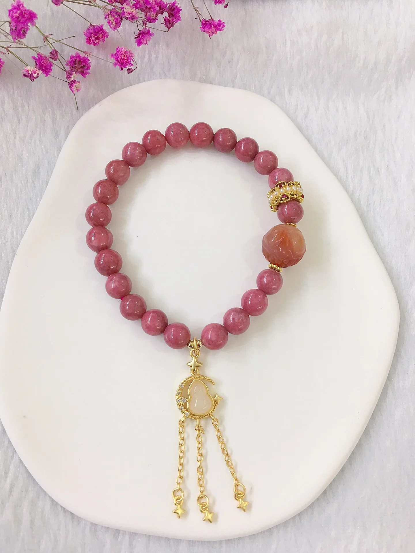 

Bracelets With Natural Stones Jewelry For Women Rose Pink Beads Gold Pendant Christmas 2023 Novelty Gift For Girlfriend