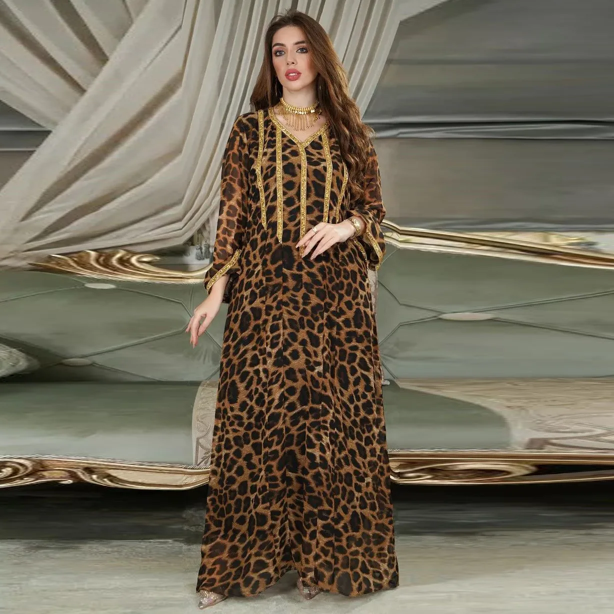 2023 New Printed Leopard Print Brown Hot Diamond Women's Long Dress Middle Eastern Fashion Arab Muslim Dress