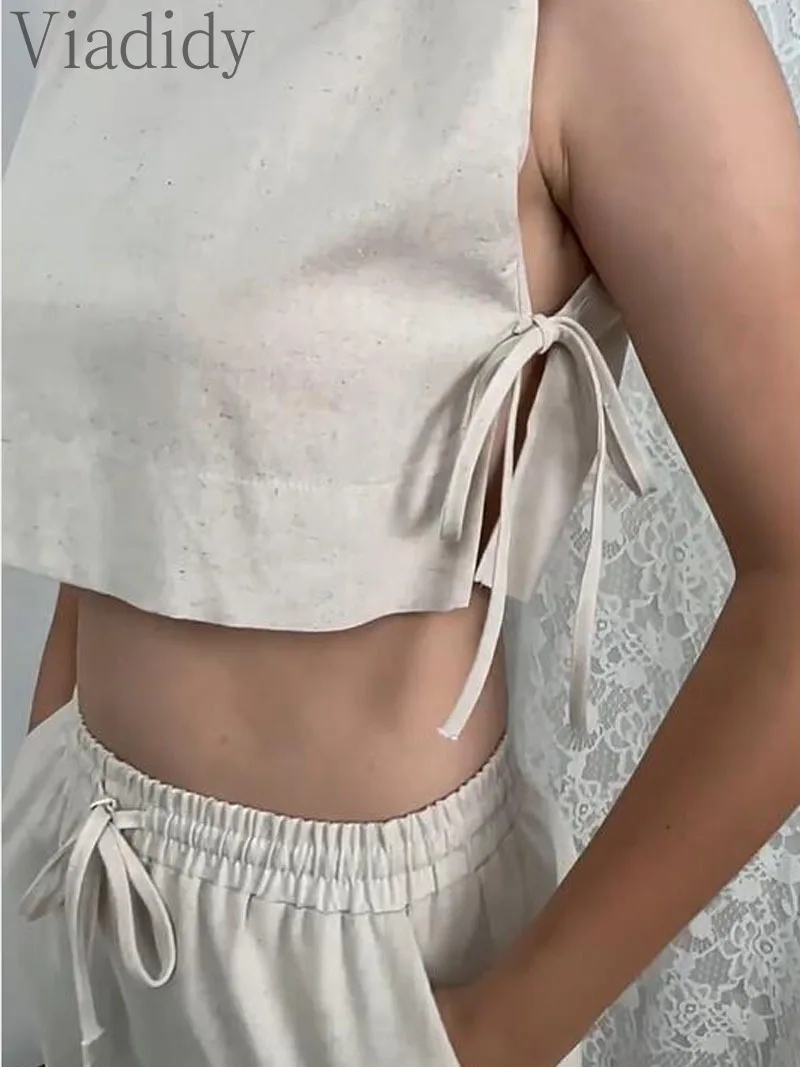 Женский Повседневный однотонный топ без рукавов на шнуровке и эластичные прямые