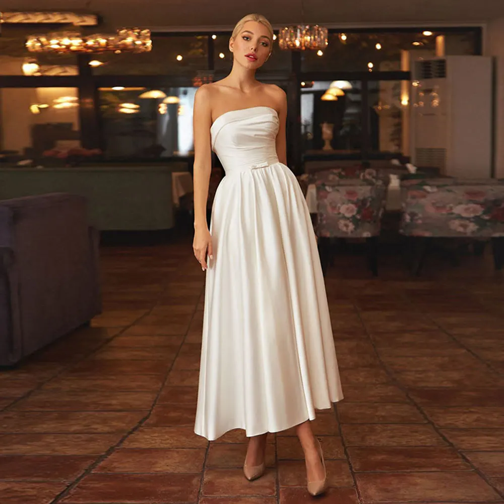 

Simple 2023 Satin Wedding Dresses With Pockets Strapless Ankle-Length Bride Dress Lace-Up Back Vestidos Novia Robr De Mariee