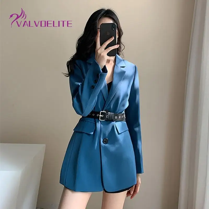 

Spring Autumn New Woman Suit Jacket Version Loose Design Small Peacock Blue British Style Lapel Single-breasted Solid Color Suit