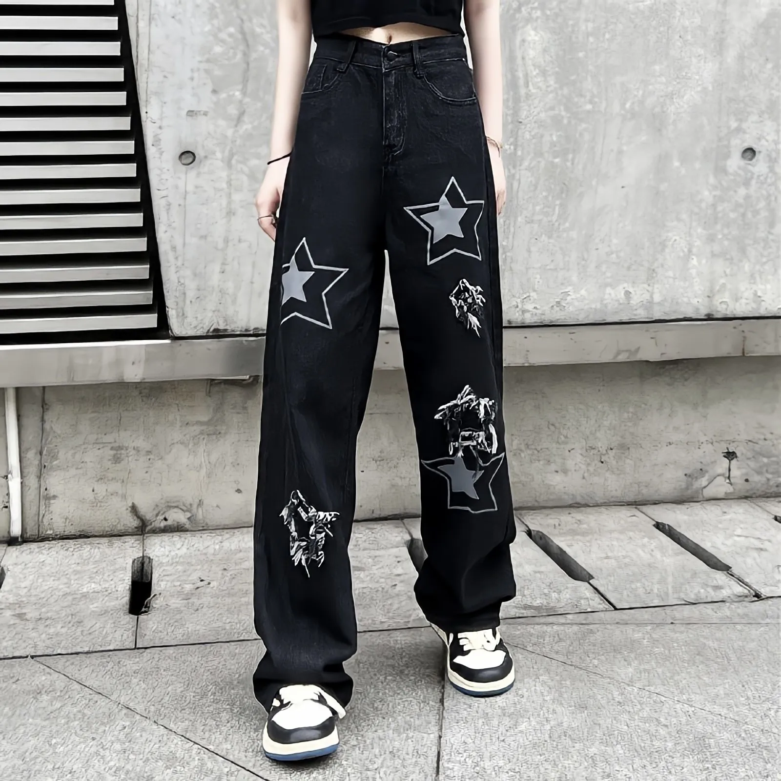 

Oversize Harajuku Style High Waist Black Jeans Women Streetwear Straight Wide Leg Trousers Stars Pattern Mopping Casual Pants