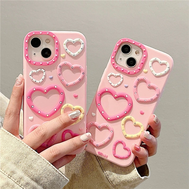 

Pink Love Heart Silicone Case For iPhone 11 14 13 12 Pro Max Colorful Dots Shockproof Cover Protective Bumper Capa