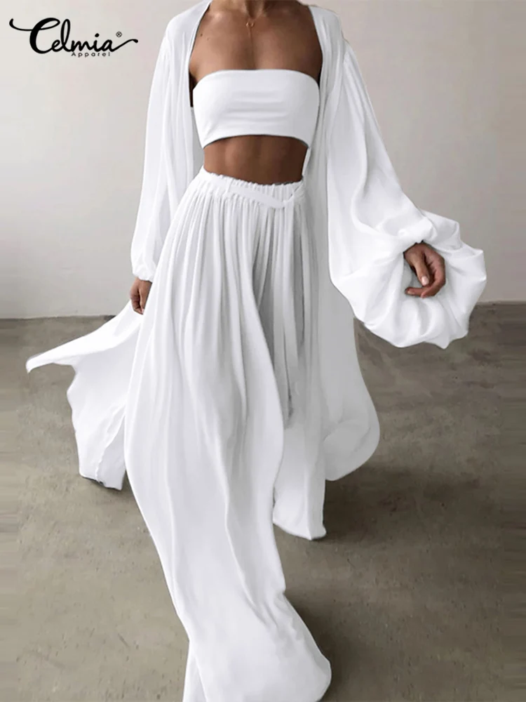 

Celmia Long Puff Sleeve Cardigan Kimono and Elastic Waist Pant 2 PCS Outfit Women Baggy Sets Casual Loose 2023 Fashion Pant Sets