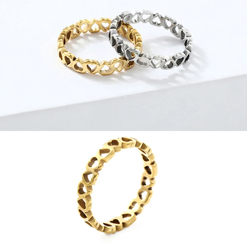

Alloy Stackable Ring Heart Steel Color Gold Color CZ Finger Rings For Women Heart Cutout Circle Ring Heart Titanium Ring