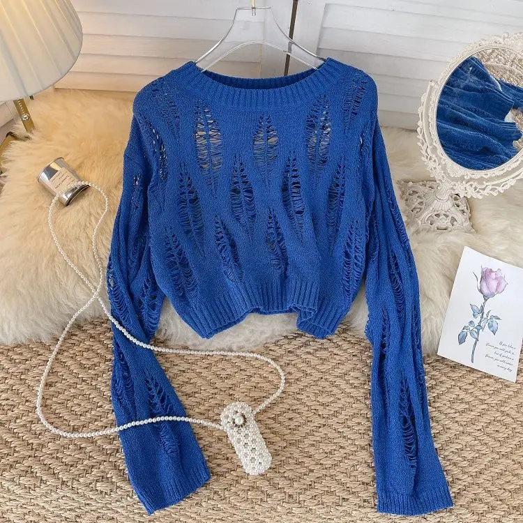 Свободный короткий свитер с вырезами вязаная Солнцезащитная рубашка джемпер