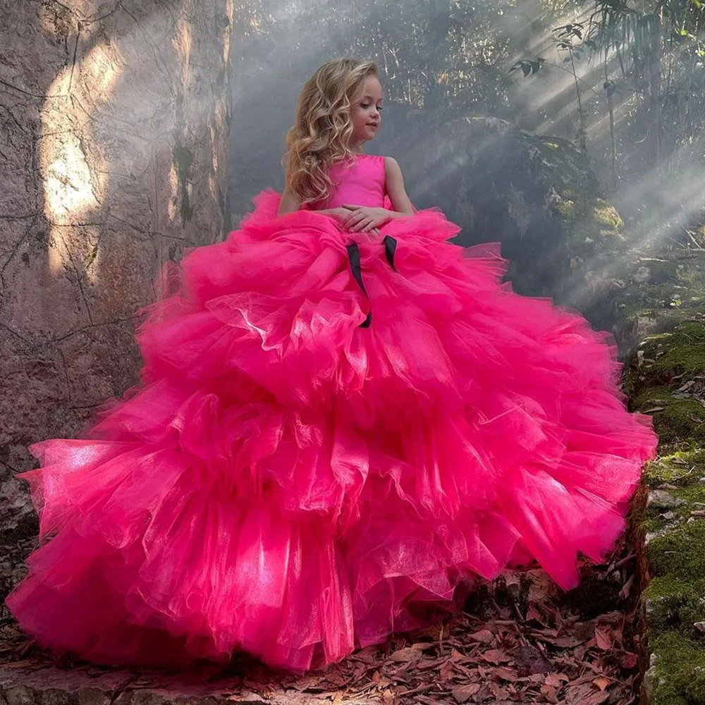 

Hot Pink Luxury Flower Girls Dresses 2023 Princess Puffy Kids Wedding Party Dress A-Line Gorgeous Bow Long Girl Princess Gowns