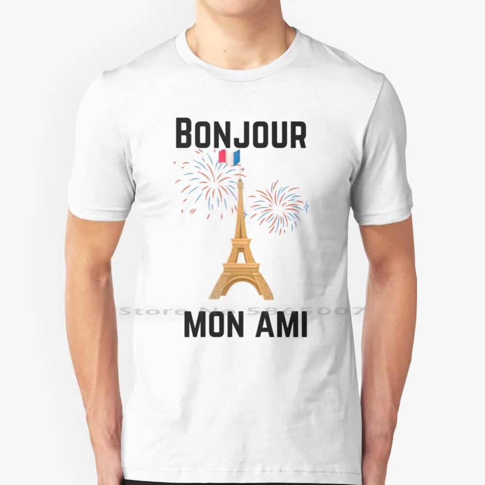 

Hello , My Friend T Shirt 100% Cotton Hello My Friend Bonjour Mon Ami France Travel Eiffel Tower Europe Kawaii Cute French Blue