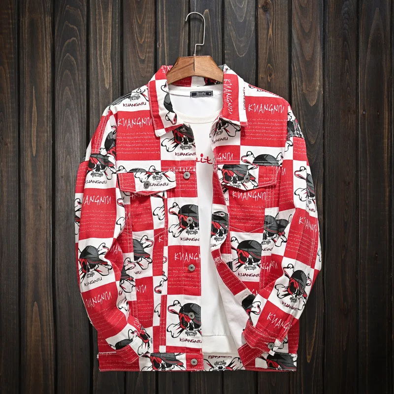 

New Men's Skull Denim Coat Red White Plaid Letter Printed Fashion Men Clothing Spring Autumn Casual Outerwear Long Sleeve Jacket