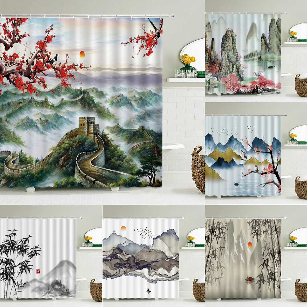 

Занавеска для душа в китайском стиле с чернильными цветами, ландшафтом, занавеска для ванной комнаты, водонепроницаемая занавеска для ванн...