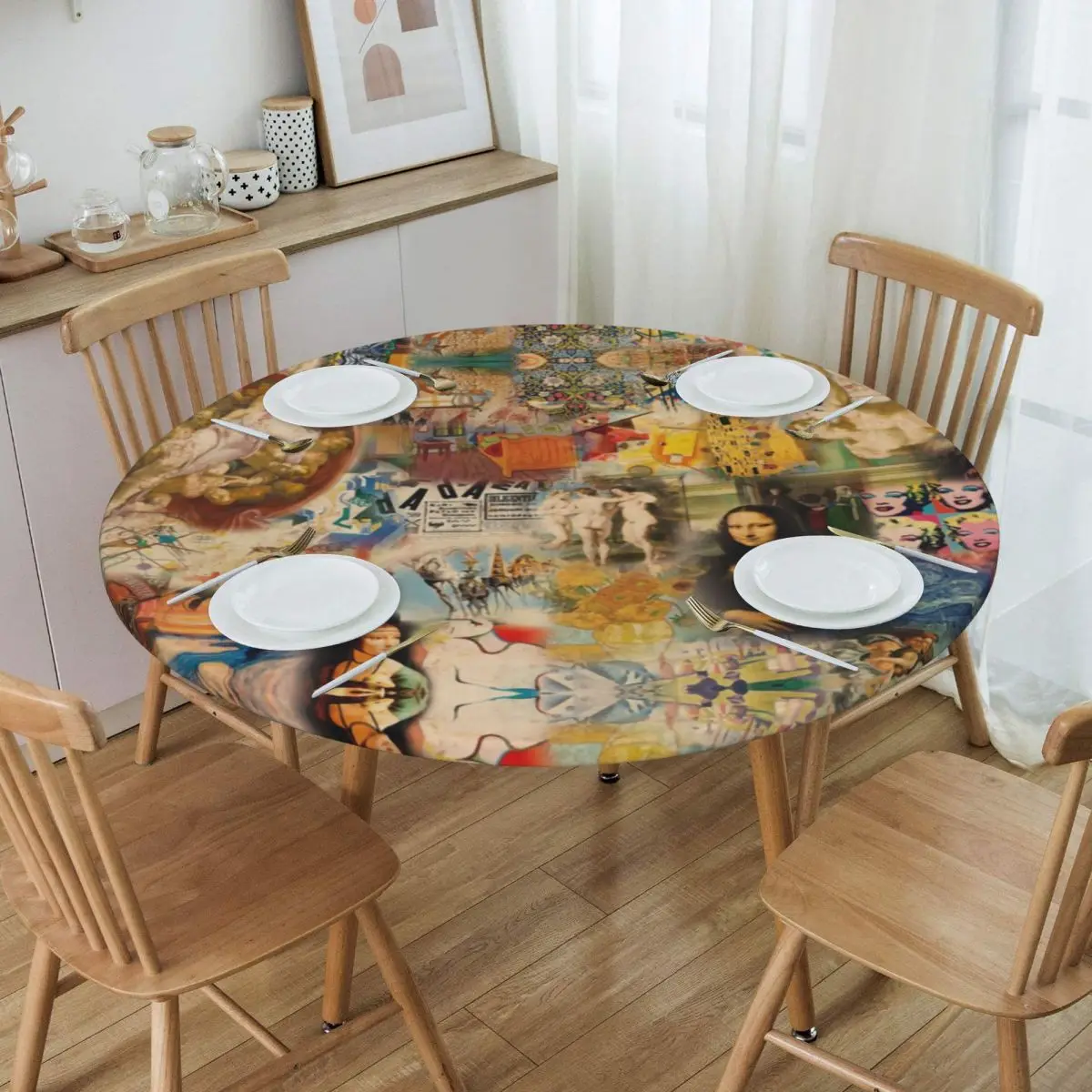 

Van Gogh History Of Art Table Cover Elastic Da Vinci Mona Lisa Picasso Painting Table Cloth Backing Edge Tablecloth for Dining