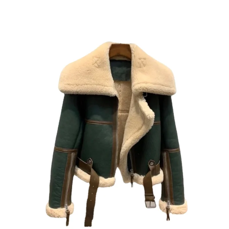 New Winter Clothes Green Stitching Large Lapel Motorcycle Clothing Women's Thickened Short Fur One-Piece Sheepskin Coat