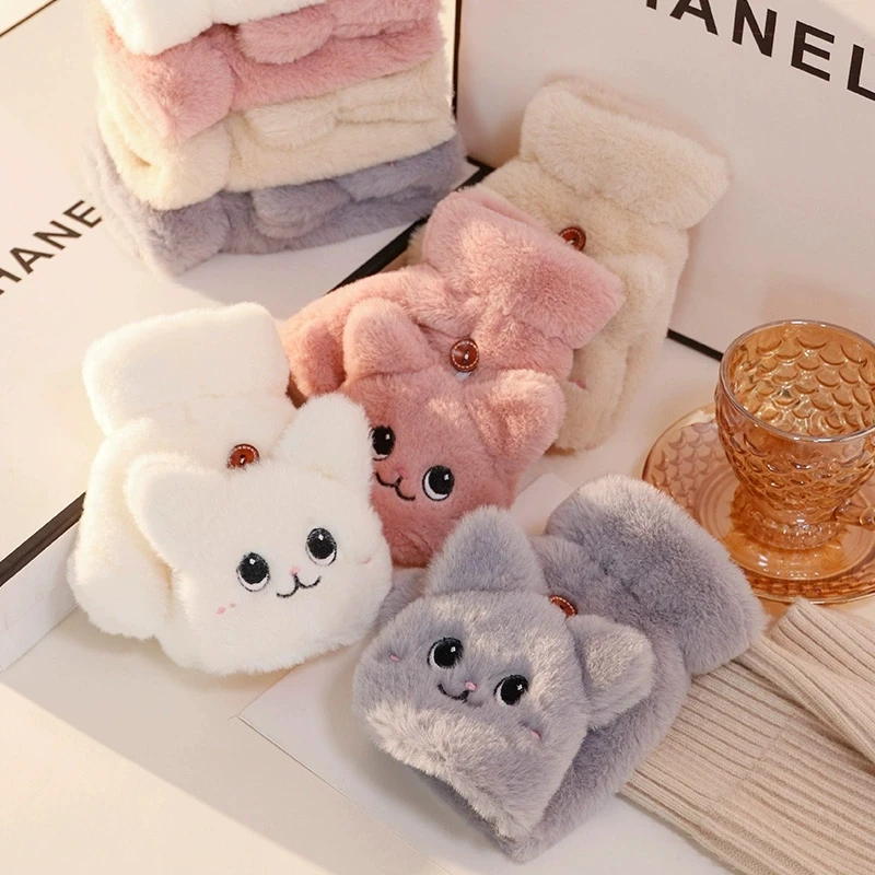 

Fashion Winter Plush Warm Glove Women Fur Rabbit Cat Mittens Flip Fingerless Gloves Soft Girls Thick Flexible Half Finger Gloves