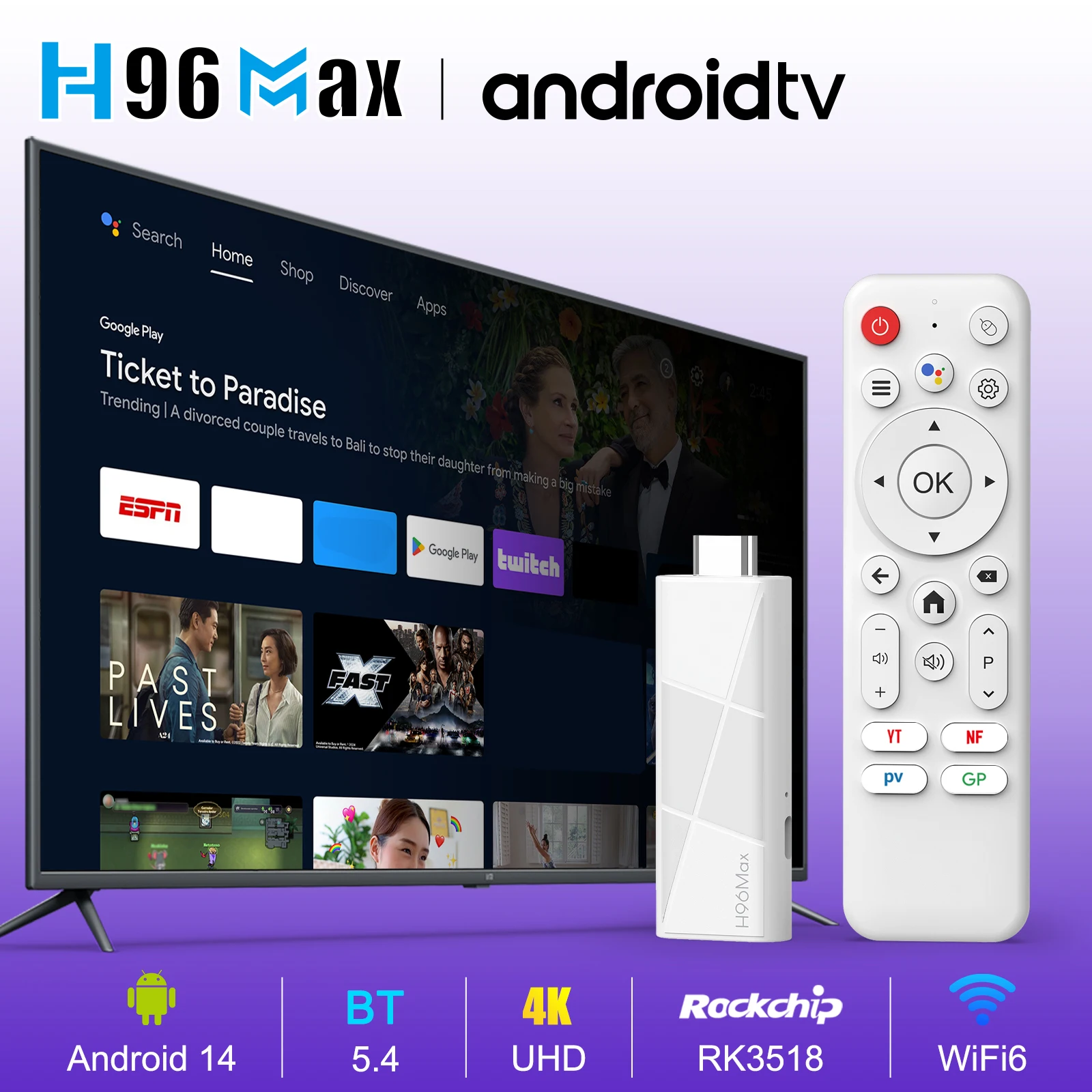 Фото H96 MAX RK3518 Android14 Smart mini TV stick Wifi6 BT5.4 4K HD 3D Четырехъядерный Ethernet Google Voice Assistant Медиаплеер ТВ-приставка №2
