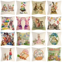 happy easter home decorative cushion cover 45x45cm easter egg bunny printed pillow cover square linen decor pillowcase for couch