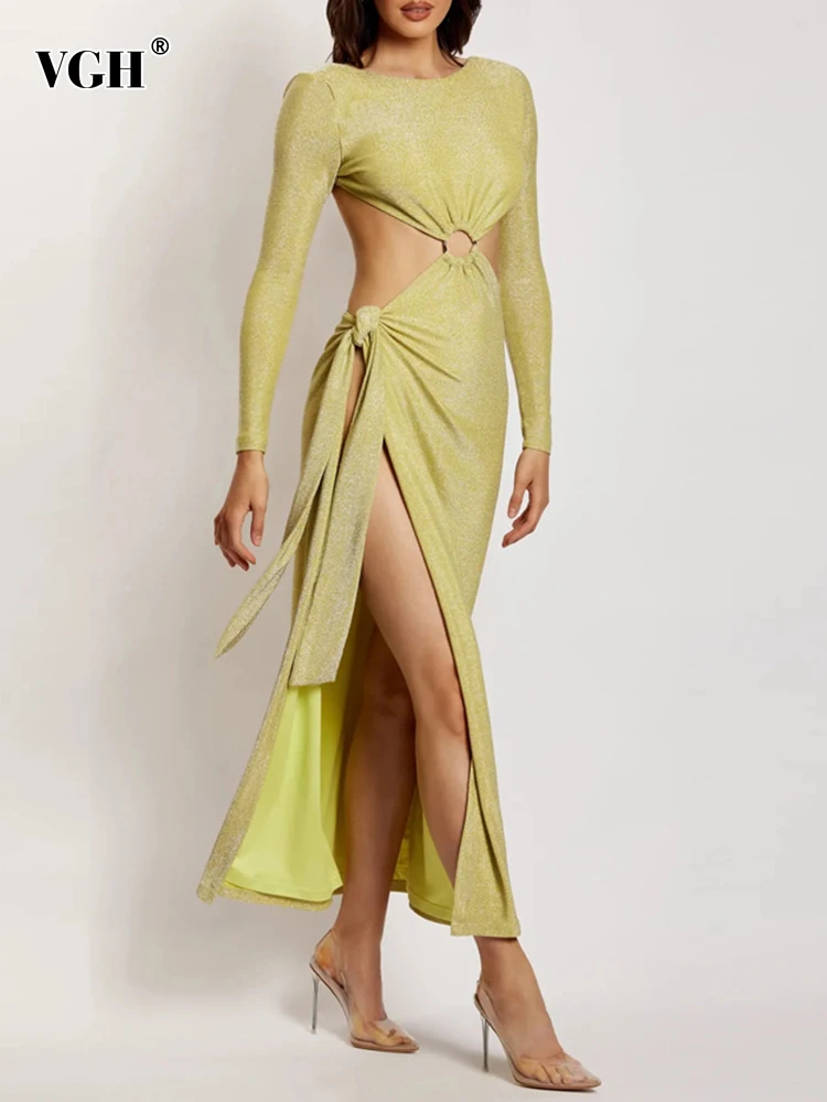 

VGH Solid Dresses For Women Round Neck Long Sleeve High Waist Patchwork Elegant Dress Female Autumn Clothing Fashion Style 2022
