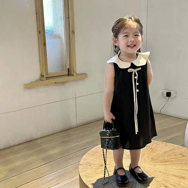 

Детское черное платье для девочек, летнее платье без рукавов, детская юбка-жилет, юбка принцессы, платье с кукольным воротником, одежда для маленьких девочек