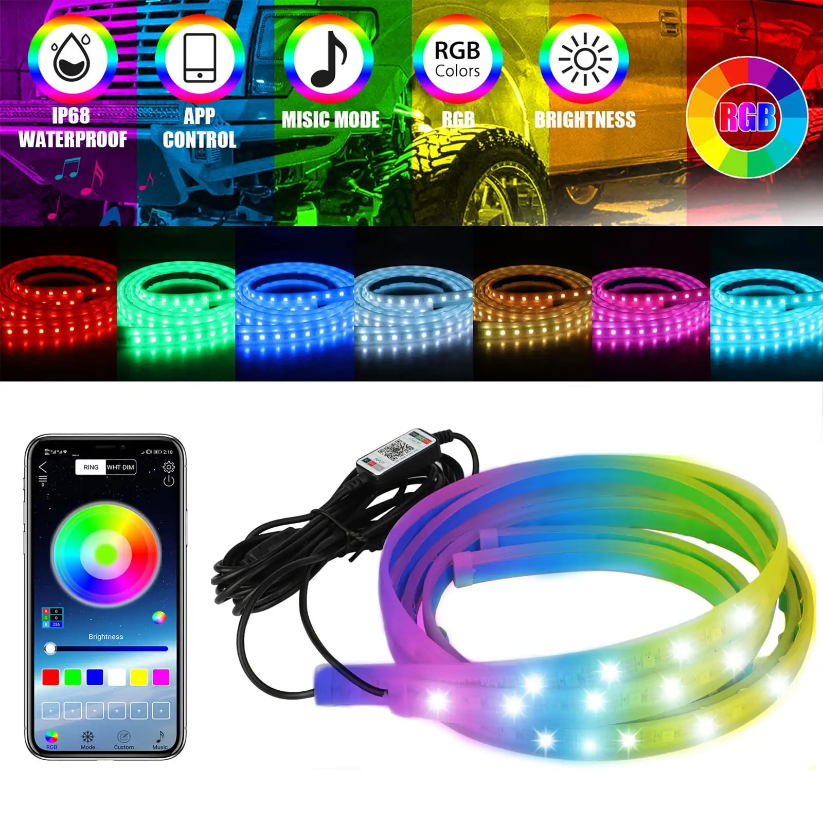 

Car LED Lights, 5ft RGB Color LED Running Board Atmosphere Light Strip, Waterproof Exterior Ambient Lighting with Wireless APP