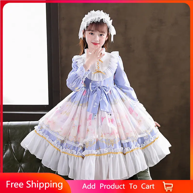 Lolita Princess Dress for Girl Autumn Winter Plus Velvet Long-Sleeve Doll Skirt Ladies Cotton Kawaii Gothic Housemaid Vestidos