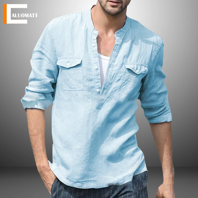 

2022 New Men's Casual Blouse Cotton Linen Shirt Loose Tops Long Sleeve Pocket Shirt Spring Autumn Casual Handsome Men's Shirts