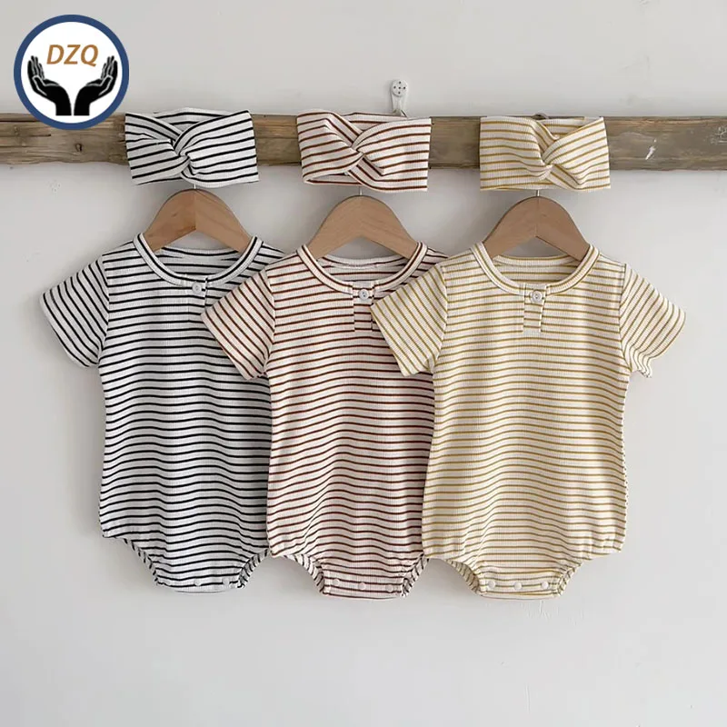 

2022 Summer New Baby Clothes Toddler Boys One Piece Striped Infant Bodysuit with Headband Infant Clothes