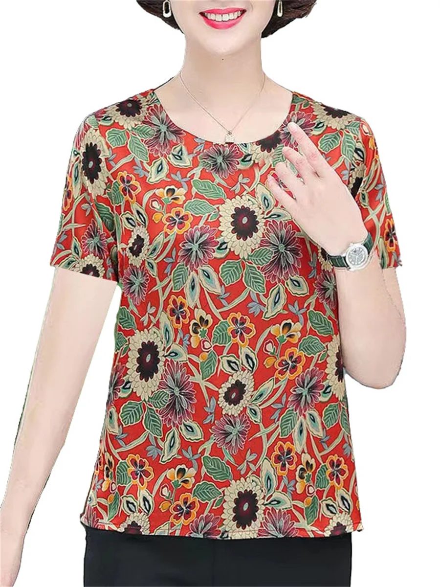 Блузка женская с коротким рукавом круглым вырезом и цветочным принтом G2179