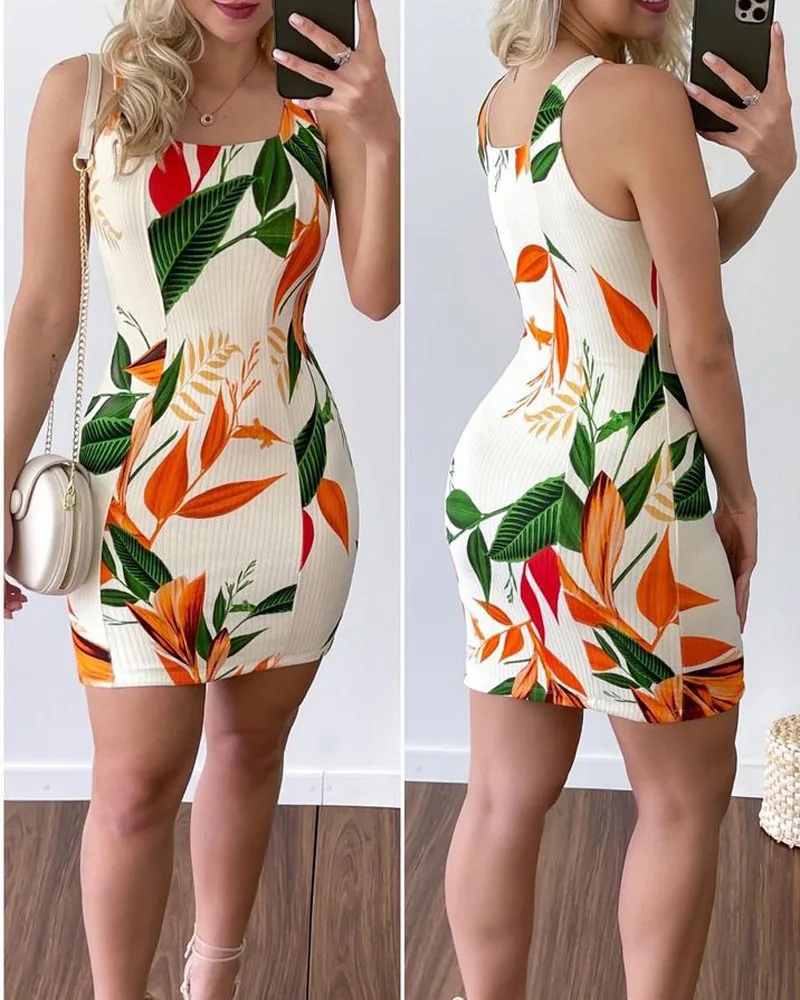 

Women's Dress, Casual Fashion Sleeveless Leaf Print Slim Dress