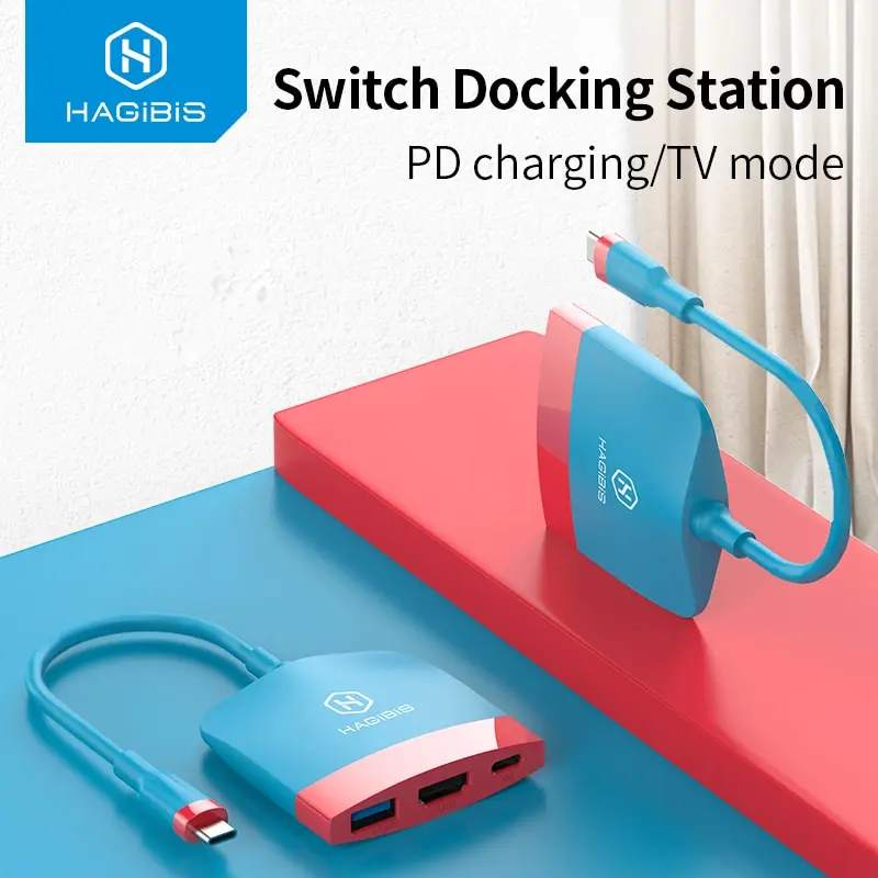 [해외] Hagibis-스위치 도크  TV 도크  닌텐도 스위치 휴대용 도킹 스테이션  USB C 4K HDMI 호환  맥북 프로  USB 3.0 허브