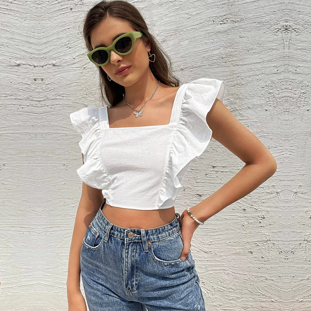

White Crop Top Butterfly Sleeve Sleeveless Backless Short Shirts Blouses Square Collar Lace Up Hollow Out Patchwork Bow Top 2022