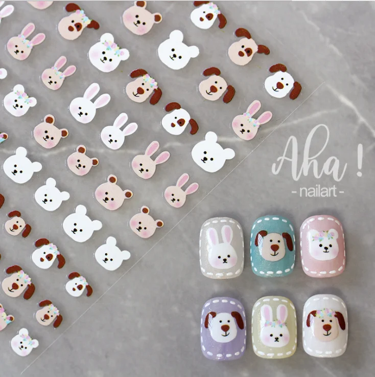 

Cartoon Bear Dog Anime Nail Sticker Rabbit Semitransparent White Flowers Flower Nail Art Decorations Smiley Design Dropshipping