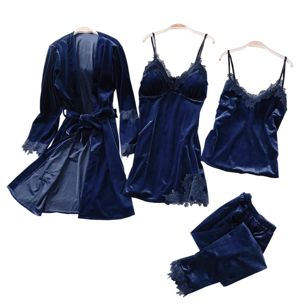 

Women Sleepwear Nightgowns Spaghetti Strap Solid Adult 4pcs Autumn Long Sleeve