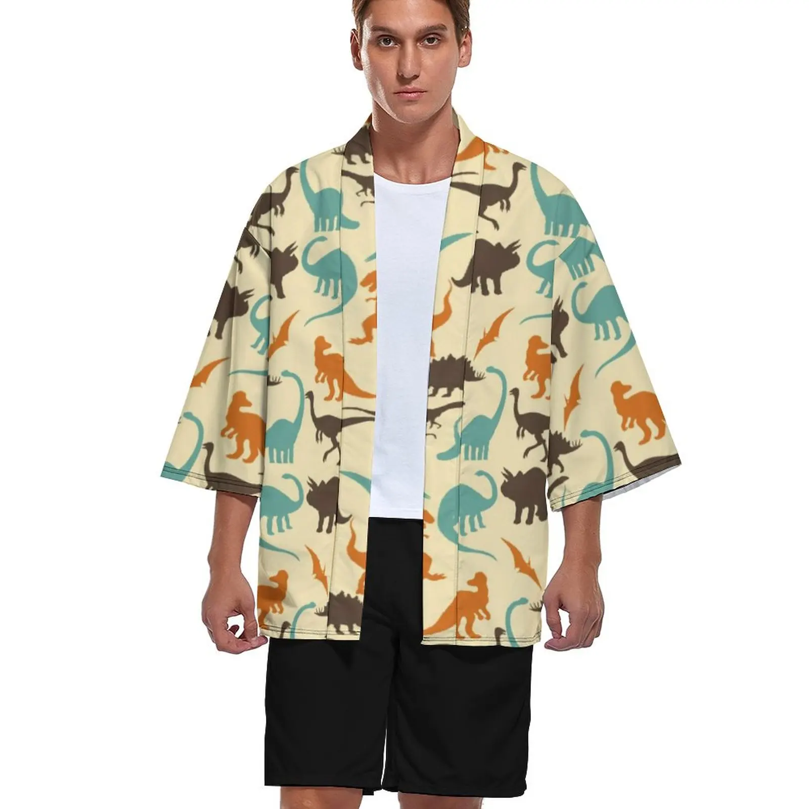 

Кимоно с животным силуэтом, кардиган, яркий динозавр, Женская винтажная рубашка, воротник для мужчин, рубашки